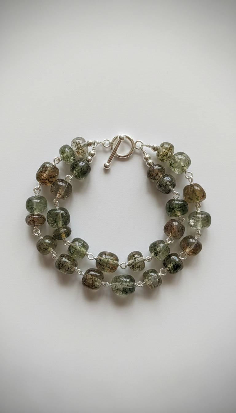 Mossy Quartz Gemstone Bracelet With Gold Links